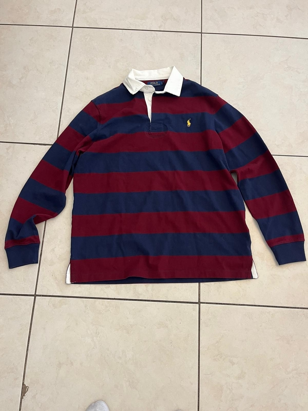 Polo by Ralph Lauren Navy & Burgundy Striped Rugby Pullover Long Sleeves, Used